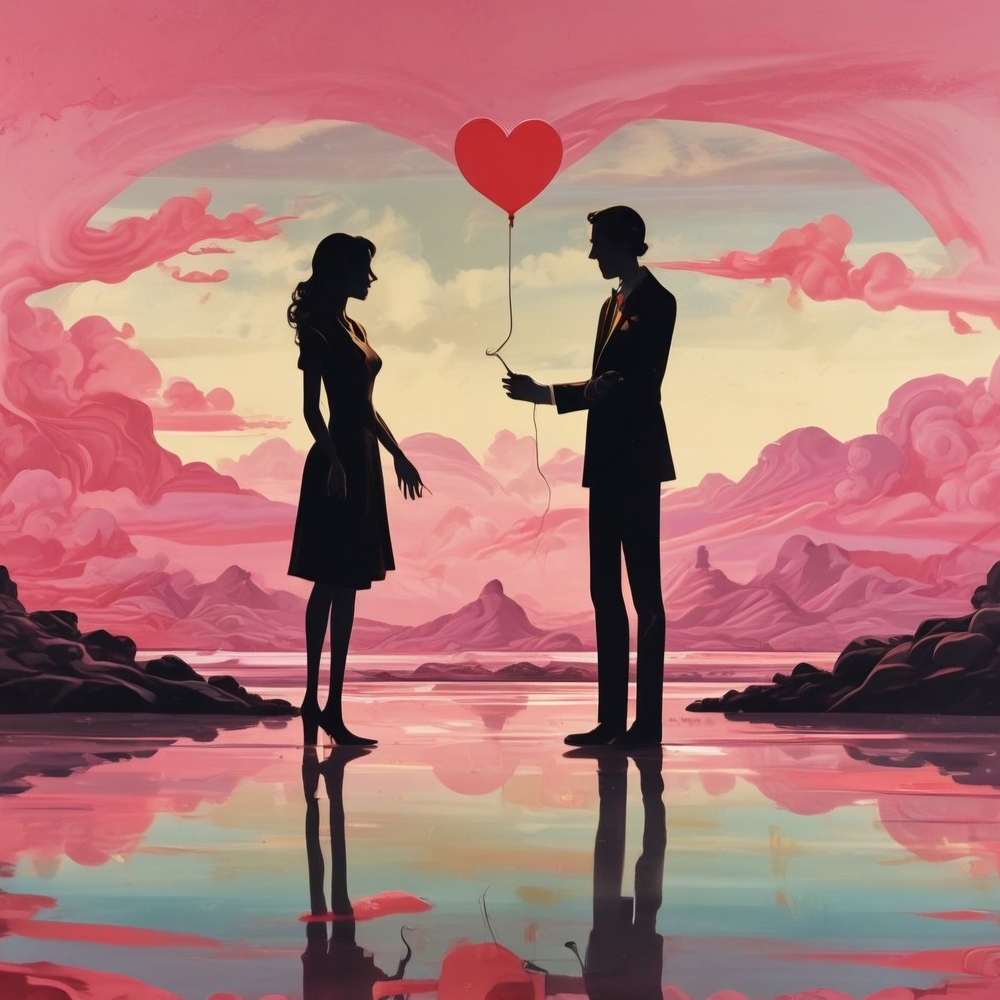 Silhouette Couple Art Print with Heart Balloon